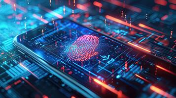 AI generated A concept of a futuristic holographic cyber security technology using finger prints and biometric data on a smartphone. photo