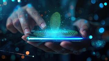AI generated A concept of a futuristic holographic cyber security technology using finger prints and biometric data on a smartphone. photo