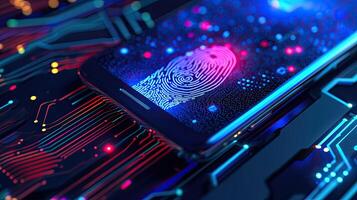 AI generated A concept of a futuristic holographic cyber security technology using finger prints and biometric data on a smartphone. photo