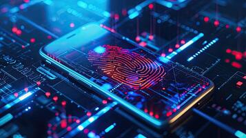 AI generated A concept of a futuristic holographic cyber security technology using finger prints and biometric data on a smartphone. photo