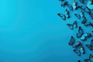 AI generated Butterflies on blue background. Top view. spring pattern nature background. photo