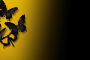 AI generated Black Butterflies on yellow summer background with copy space for text. photo