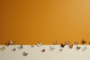 AI generated Butterflies on orange and white summer background with copy space for text. photo