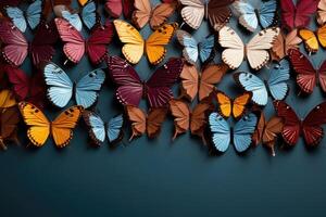 AI generated Colorful butterflies on blue background. Top view. spring pattern nature background. photo