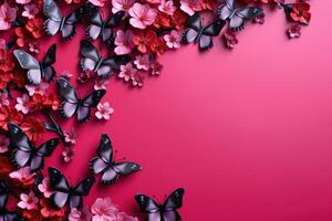 AI generated Pink and purple butterflies on a red summer background with copy space for text and spring flowers. photo