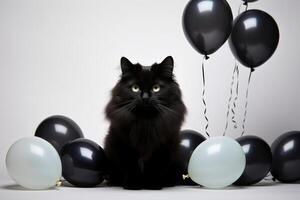 ai generado linda negro adorable cumpleaños gato con globos sentado en festivo blanco antecedentes. foto