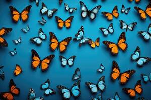 AI generated Colorful butterflies on blue background. Top view. spring pattern nature background. photo