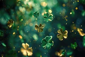 AI generated Green shamrock and clover leaves background. St. Patrick's Day celebration concept. photo