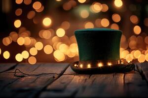 AI generated Green hat with garland lights on festive wooden bokeh background with copy space for text. photo