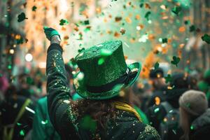 AI generated Man in green Leprechaun hat celebrating St. Patrick's Day outdoors with shamrock and clover leaves. photo