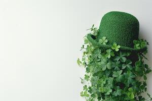 AI generated Green hat, shamrock and clover leaves isolated on white background with copy space for text. photo