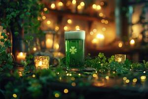 ai generado verde cerveza, trébol y trébol hojas en de madera festivo mesa foto