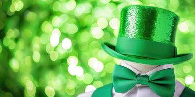 AI generated Green hat with bow tie and green clothes on faceless person isolated on bokeh festive background photo