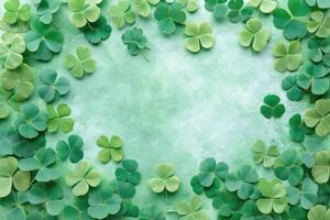 AI generated Green shamrock and clover leaves background. St. Patrick's Day celebration concept. photo