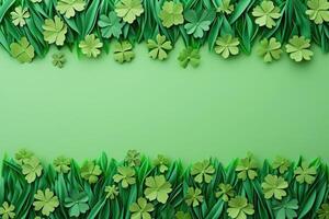 AI generated Green shamrock and clover leaves background. St. Patrick's Day celebration concept. photo