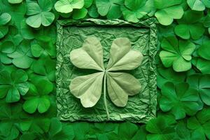 AI generated Green shamrock and clover leaves background. St. Patrick's Day celebration concept. photo