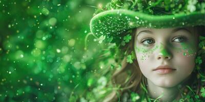 AI generated Close up child girl head in green hat with shamrock and clover leaves on sparkle face. photo
