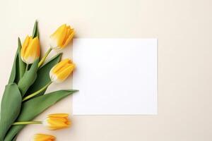 AI generated Yellow bouquet of flowers tulips background on beige background with empty space for text photo