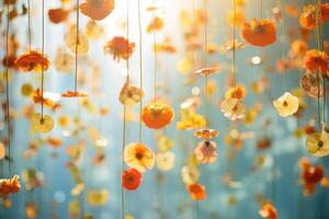 AI generated Red flowers on blue background with empty frame space for text. photo