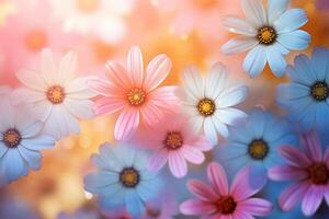 AI generated Creative background of summer chamomile flowers. Flat lay. Nature concept. photo