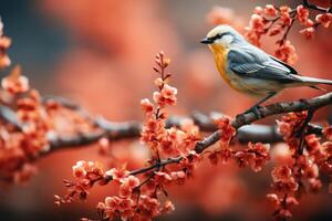 AI generated Tree branch with flowers and bird on blurred background with copy space. photo