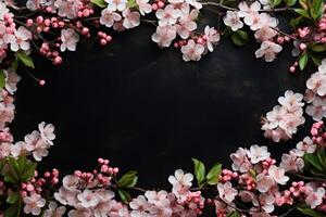 AI generated Top view of tree branch with flowers on dark background with copy space photo