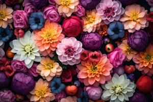 AI generated Creative background of summer flowers. Flat lay. Nature concept. photo