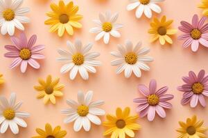 AI generated Creative background of summer chamomile flowers. Flat lay. Nature concept. photo