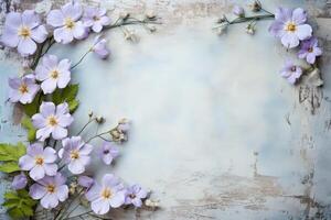 AI generated Purple violet flowers on blue concrete background with empty frame space for text photo