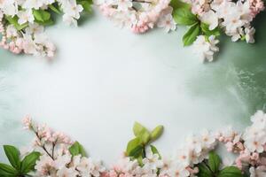 AI generated Top view of tree branch with flowers on green background with copy space. photo