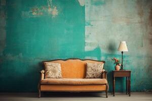 AI generated Scandinavian interior design in vintage retro shabby chic style with antique shabby wall photo