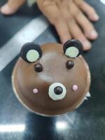 a chocolate bear shaped cupcake with a hand holding it photo