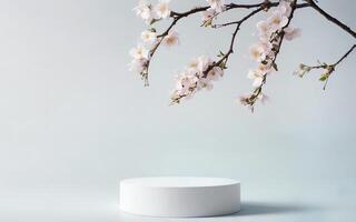 ai generado producto monitor podio con Cereza florecer flor ai generado foto