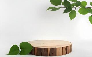 AI generated A podium made from wood with green leaf for product display mock up ai generated photo