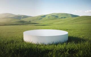 AI generated Round product display podium mockup in green grass field ai generated photo