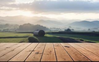 AI generated Empty wooden table top with nature farm backdrop for product display mock up ai generated photo