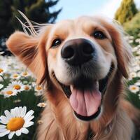 AI generated a golden. retriever sitting in the. grass. Petal Play. Beautiful, Spring Banner Capturing the Joy of a. Happy, Dog, AI generated photo