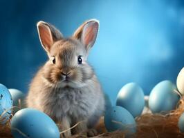 AI generated Easter bunny with blue eggs. The cute rabbit sitting on the meadow with decorated Easter Eggs. Springtime religious holiday banner for advertisement photo