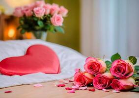 AI generated Bedroom with Single Rose and Petals on Bed, Copy Space .Valentine's Day photo