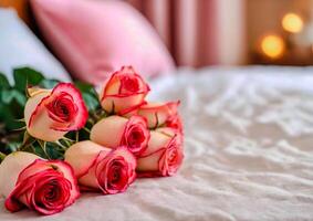 AI generated Bedroom with Single Rose and Petals on Bed, Copy Space .Valentine's Day photo