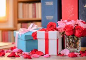 ai generado un vibrante ramo de flores de rojo rosas en pie alto en el biblioteca foto