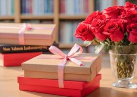 ai generado un vibrante ramo de flores de rojo rosas en pie alto en el biblioteca foto