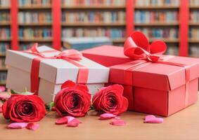 ai generado un vibrante ramo de flores de rojo rosas en pie alto en el biblioteca foto