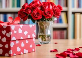 ai generado un vibrante ramo de flores de rojo rosas en pie alto en el biblioteca foto