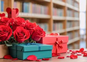 ai generado un vibrante ramo de flores de rojo rosas en pie alto en el biblioteca foto