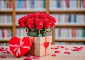 ai generado un vibrante ramo de flores de rojo rosas en pie alto en el biblioteca foto