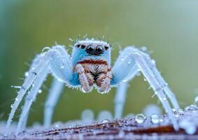 AI generated close-up photo of a white spider in ice