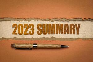 2023 year summary banner - text on art paper, end of year business concept photo