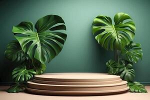 AI generated Realistic 3d display podium stage with green leaf monstera isolated on green background photo