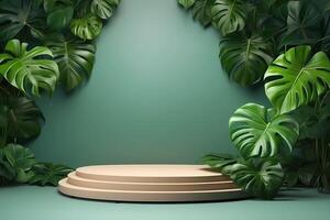 AI generated Realistic 3d display podium stage with green leaf monstera isolated on green background photo